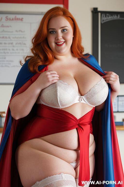 close up half body photo shot, about at classroom, chubby ((very obese and handlovess)) redhead fat bbw teacher, wearing a hot heroine (red, blue and yellow suit), with a flowing cape and and stocking. - #main