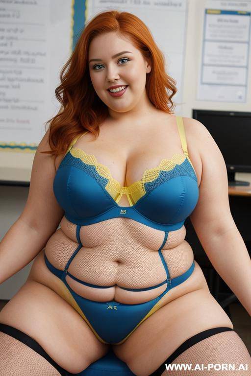 (half body photo shot close up), about at classroom, so fat bbw curvy with love handless and tummy, wearing a sexy and ((hot yellow fishnet lingeries)), she has a surprise party class, ((obese)), she is very happy and jumping - #main