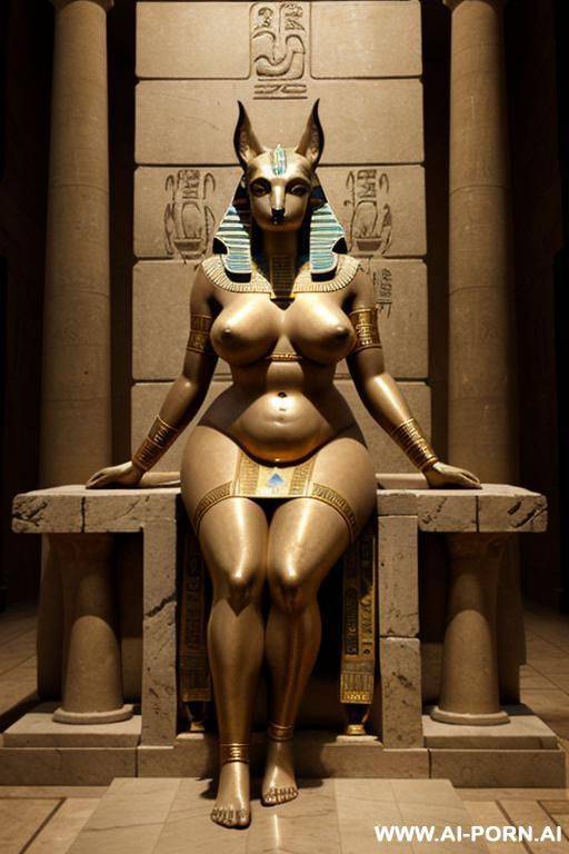 ancient egyptian helpless chubby female victim with shaved vagina and spreaded legs is tied to a big anubis statue. - #main