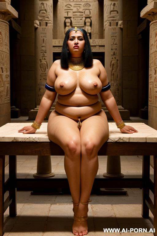 an ancient egyptian chubby naked female temple servant with shaved vagina is tied with wide spreaded legs onto a table in the temple, to be punished - #main