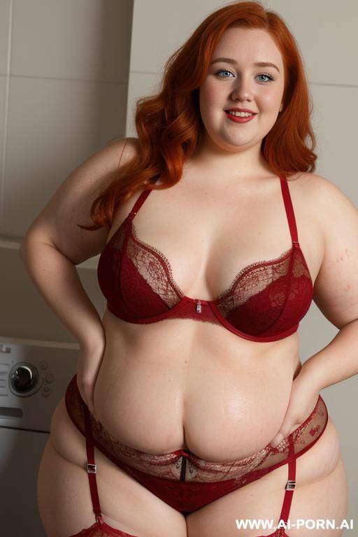 half-length photo, ((half body photo shot close up)). as a set in the laundry area, a (((very obese and fat))) fat chubby fat thick and bbw redhead british, ((she is washing clothes)). she - #main