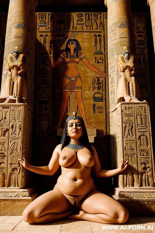 ancient egyptian chubby naked female temple servant with shaved vagina is lying on a shrine in a egyptian palace and spreads her legs devotly. her had lays in the lap of a egyptian priestess. - #main