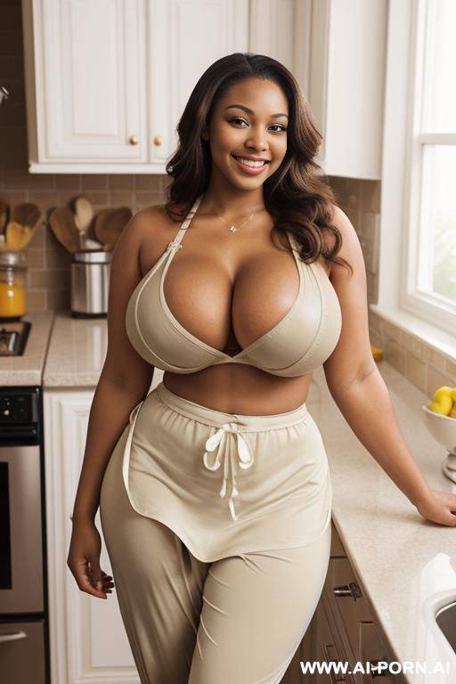 tall, light brown skin, 20 year old, thick body, smiling, ((massive sagging breasts)), ((very wide hips)), standing in a kitchen, wearing comfortable pajamas and a white apron showing cleavage - #main