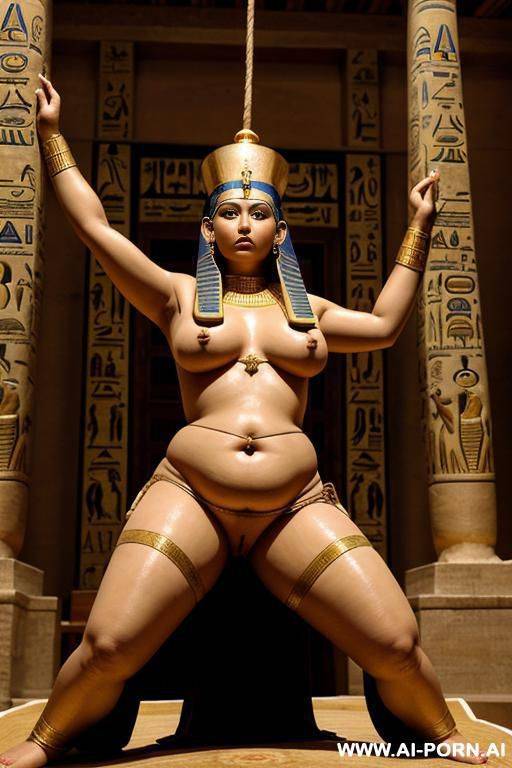 ancient egyptian helpless chubby female victim with shaved vagina is tied to a big statue of the pharao. her legs are widely spread by the ropes. a male ancient egyptian priest strips her until she is full naked and screens her for use in the harem - #main