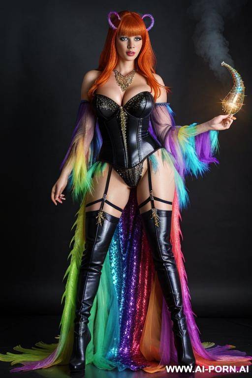 , rainbow feather studed bright sequin transparent corset，feather tutu skirt， mesh robe， rainbow sequin bra ,rainbow sequing-thong，necklace，rainbow large pointed thigh-high boots，bdsm，royal lingerie, - #main