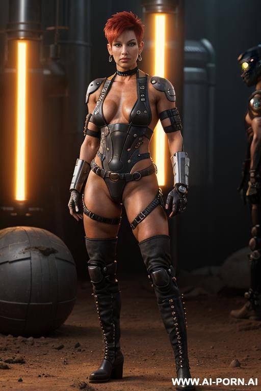 mature woman with toned muscles. tanned. choker, earrings, bracelet, holster, armband, anklet. boots. punk hairstyle. skin. sci-fi robot in background. - #main