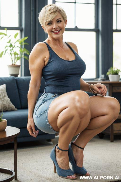 mature woman, full body, squatting, triangular hips, thick thighs, elderly, blonde hair, smile, wearing dark blue tank top, light denim short, living room - #main