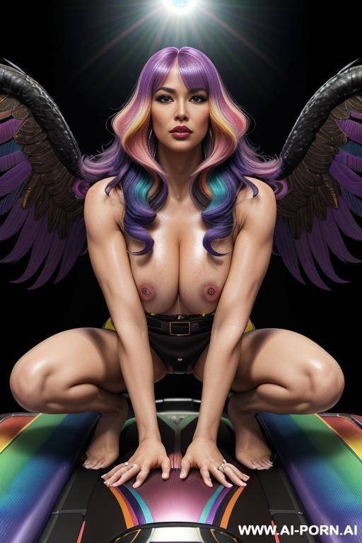 multicolored eagle with multicolored wings, woman with unrealistic enhanced augmented beautify boosted inflated traits, (sexy swedish british german american irish french facial trait), (ponytail fluffy - #main