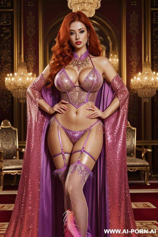chinese, rainbow feather studed bright sequin transparent corset，feather tutu skirt， mesh robe， pink sequin bra ,rainbow sequing-thong，necklace，rainbow large pointed thigh-high boots，bdsm，royal lingerie, royal - #main