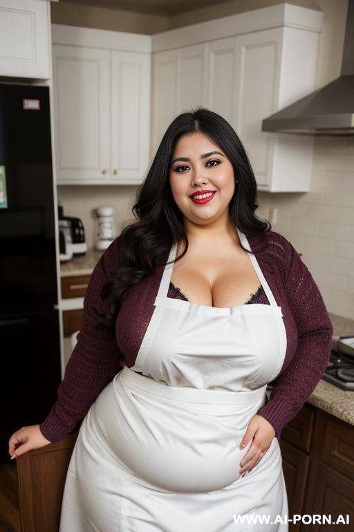 latina, mexicana, wide hips, perfect face, heavy makeup, eyeliner, inside kitchen, extra thicc, very plump, hypnotized, wearing apron, long hair, rotund - #main