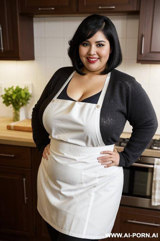 latina, mexicana, wide hips, perfect face, eyeliner, inside kitchen, extra thicc, very plump, hypnotized, wearing apron - #main