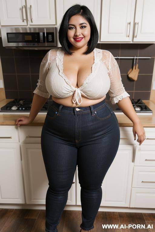 latina, mexicana, high rise jeans, wide hips, perfect face, eyeliner, inside kitchen, extra thicc, very plump, hypnotized, hsur parted to side in bun - #main