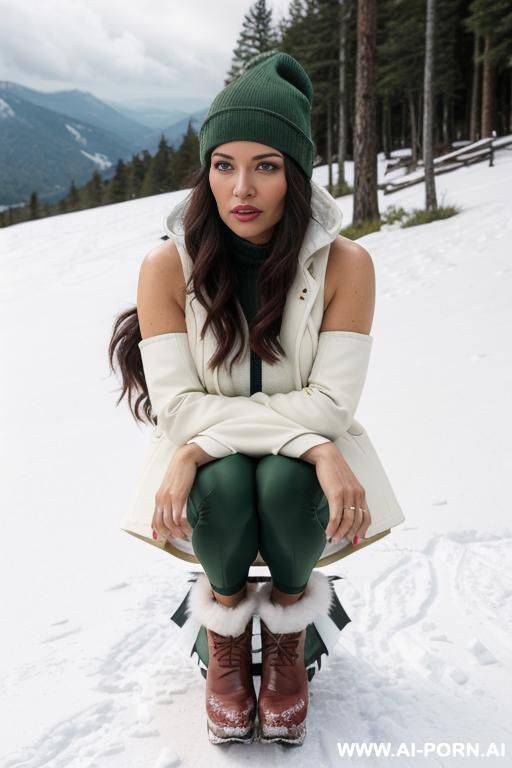 kneeled in the snow, showing off her pleated skirt and her new cork platform heels, legs focus closeup - #main