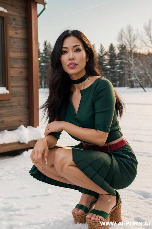 kneeled in the snow, showing off her (pleated skirt) and her new cork platform heels, legs focus closeup, long legs - #main