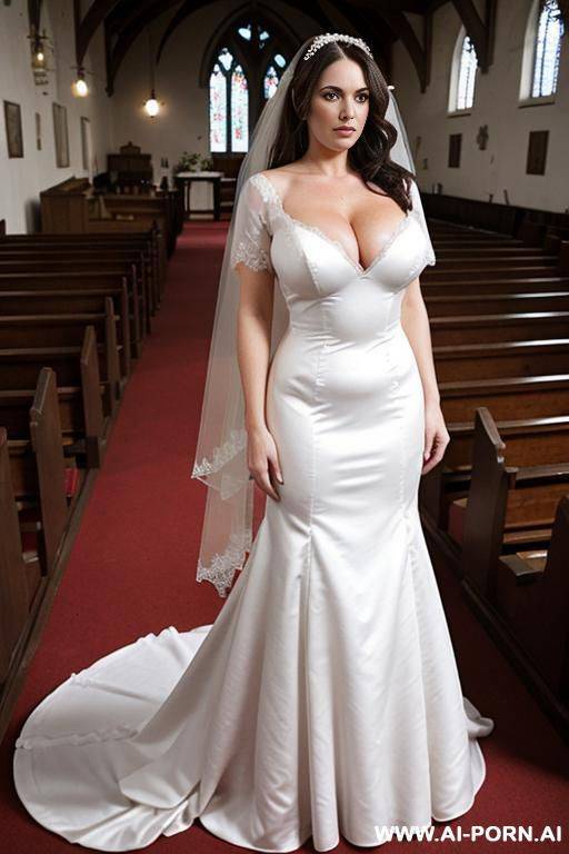church, wedding dress, showing boobs, boobs stained with milk, surrounded by old suited people - #main