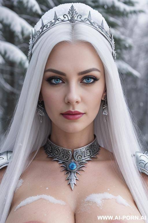 hot busty woman, (strong dark eyelines), (medieval armor), (ice sword), earrings, tiara, necklace, snowy forest background - #main