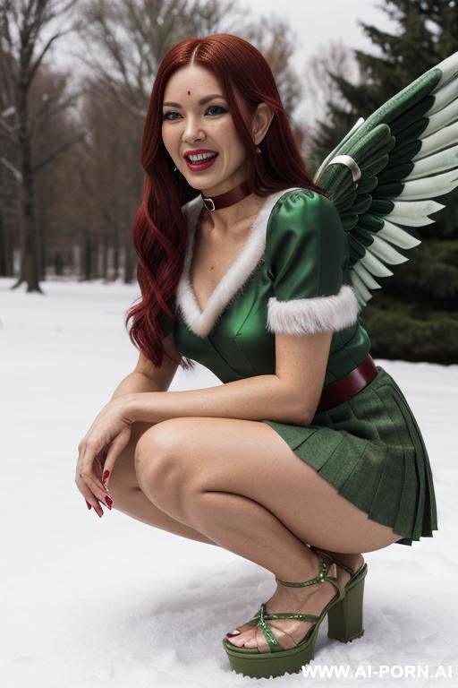 elf lady trembling with anticipation, laid in the snow, showing off her (pleated skirt) and her new cork platform heels, legs focus closeup, long legs crossed - #main
