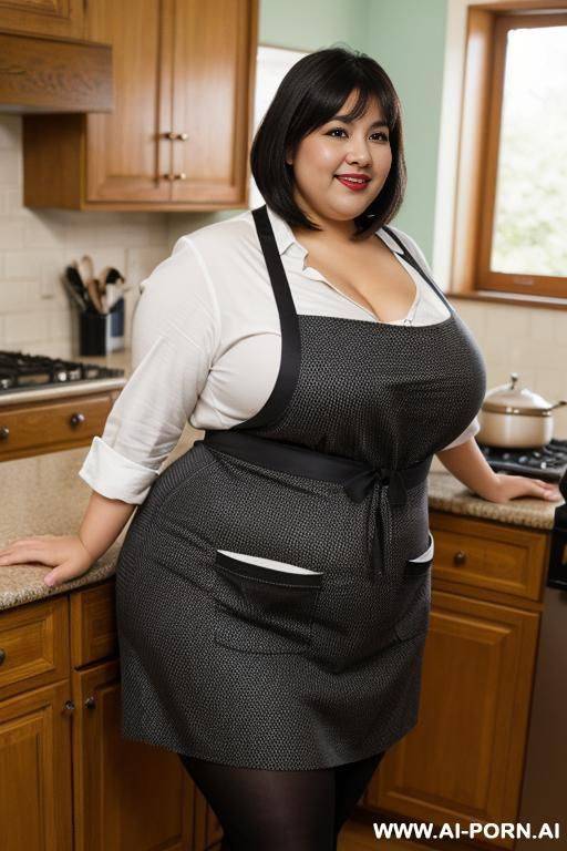latina, mexicana, wide hips, perfect face, eyeliner, inside kitchen, extra thicc, very plump, hypnotized, wearing apron - #main
