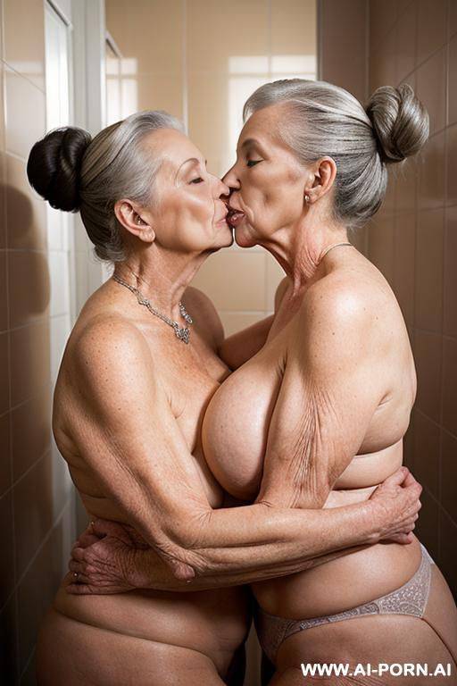 2 sexy granny with buns kissing in bathroom - #main