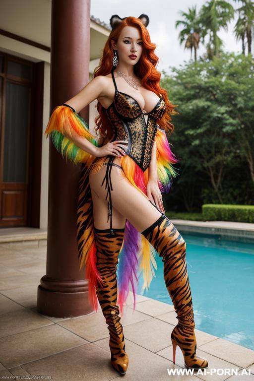 chinese, rainbow feather studed bright diamond transparent corset，feather tutu skirt， mesh robe， rainbow sequin bra ,necklace，rainbow large pointed thigh-high boots - #main