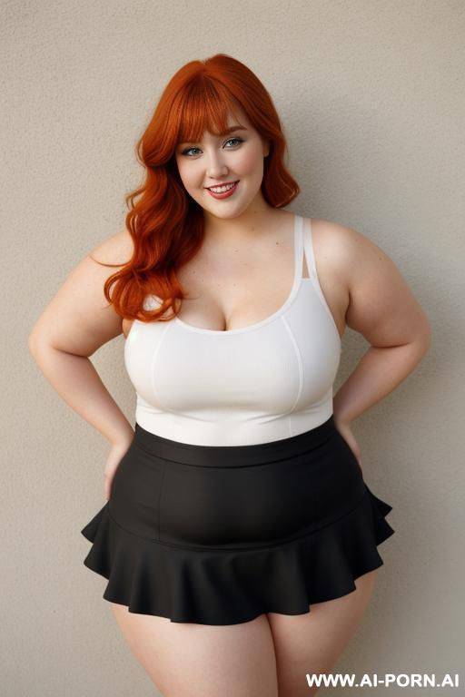 redhead bbw, chubby and very fat, thick, breasts, dimples, voluptuous shaped, wide hips, thick thighs, chubby, hair, s, slicked back hair, large forehead, black tank top, bra, areola, ruffle microskirt, fully clothed, city - #main