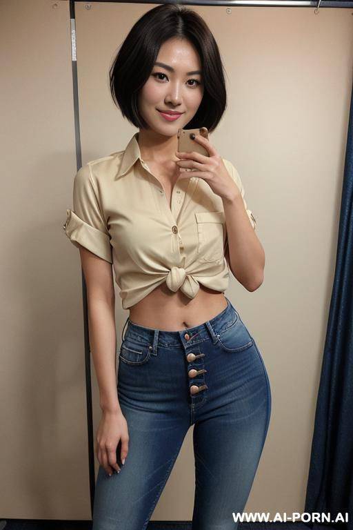 ((pull button shirt open)) (tight jeans), (pretty face), (wide hips), (flirty smirk), (classy), (seductive smirk), (short voluminous hair), (light tan), - #main