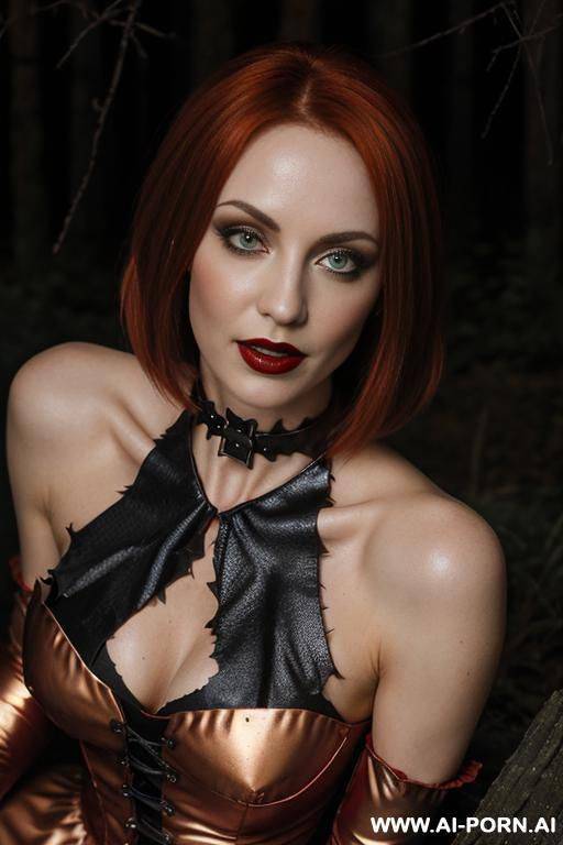 confident lady vampire, sharpening her twin swords, vampire teeth, seductive wide smile, deep forests old ruins, (hypnotic glow art), magic silver eyes, naked shoulders, ashen skin, high contrast shws, golden hours hard light, top view - #main
