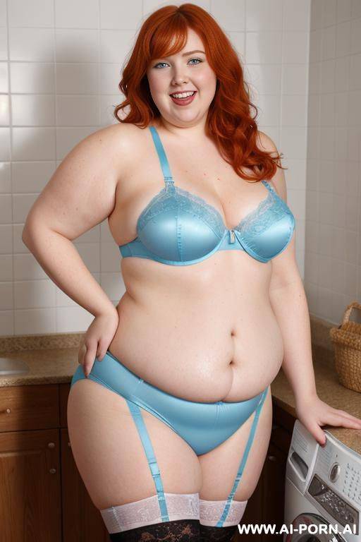 half-length photo, as a setting in the laundry area, a fat chubby (very obese with hips and hot) fat thick and bbw redhead british, she is washing clothes and is soaked in foamy water. - #main