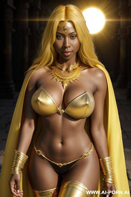 ultra realistic hot woman (((topless))), (seductive eye contact), ((golden eye)), (slight smile), (full voluminous yellow hair), (gold necklaces), (wide hips), (amazing thighs), (slutty), ((temple of - #main
