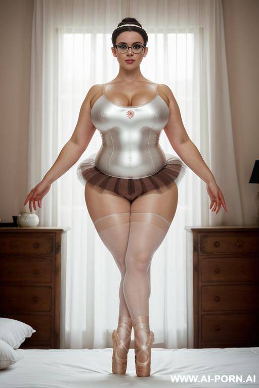 brown hair, glasses, chubby, huge boobs, big thighs, legs spread open, laying on bed - #main