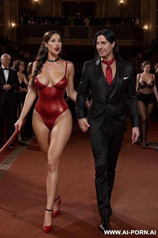 woman and man. many people in the background in the middle of a beautiful opera with carpets, many spectators, many red. woman: black short curls, beautiful, with italian beauty, naked breasts, - #main
