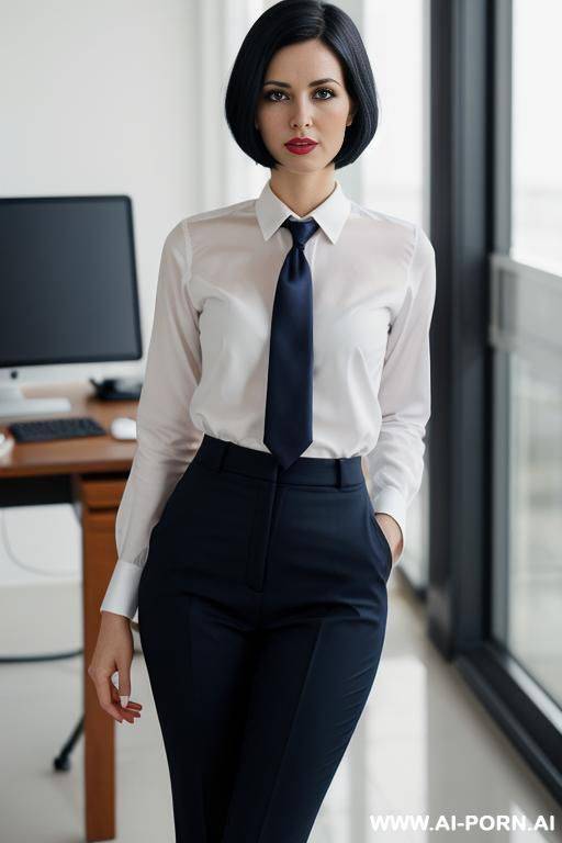 secretary, 2, scandinavian, white blouse, navy blue business trousers, thigh gap, office - #main