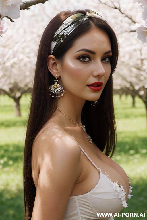 ultra realistic hot busty woman, (white floral sun dress), earrings, necklace, hairband with bow, makeup, strong dark eyeliner, red lips, direct eye contact with viewer, - #main
