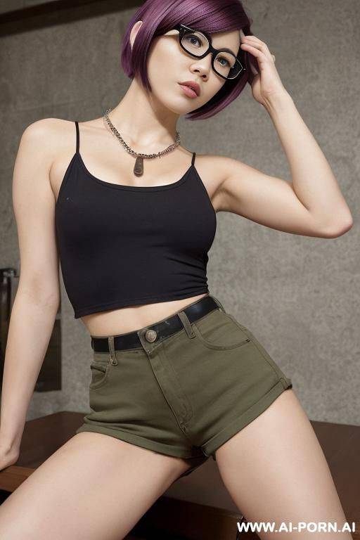 (topless), (natural pointy breasts), (inviting expression), (necklace), (stunningly beautiful face), (short pixie haircut), (light tan), (wide hips), (hourglass figure) - #main