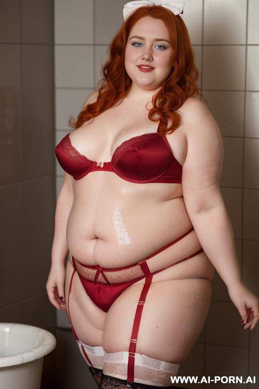 half-length photo, as a setting in the laundry area, a fat chubby ((very obese with hips) fat thick and bbw redhead british, she is washing clothes and is soaked in foamy water. she has - #main
