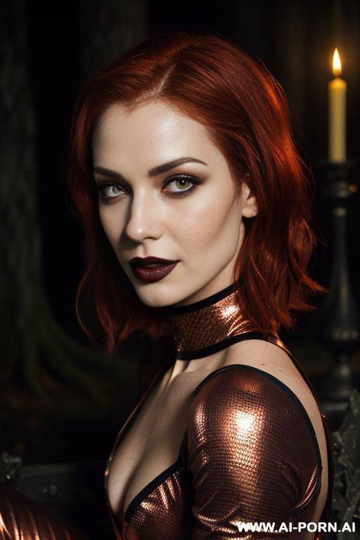 confident lady vampire, badass, vampire teeth, seductive wide smile, deep forests old ruins, (hypnotic glow art), magic silver eyes, naked shoulders, ashen skin, high contrast shades, golden hours - #main