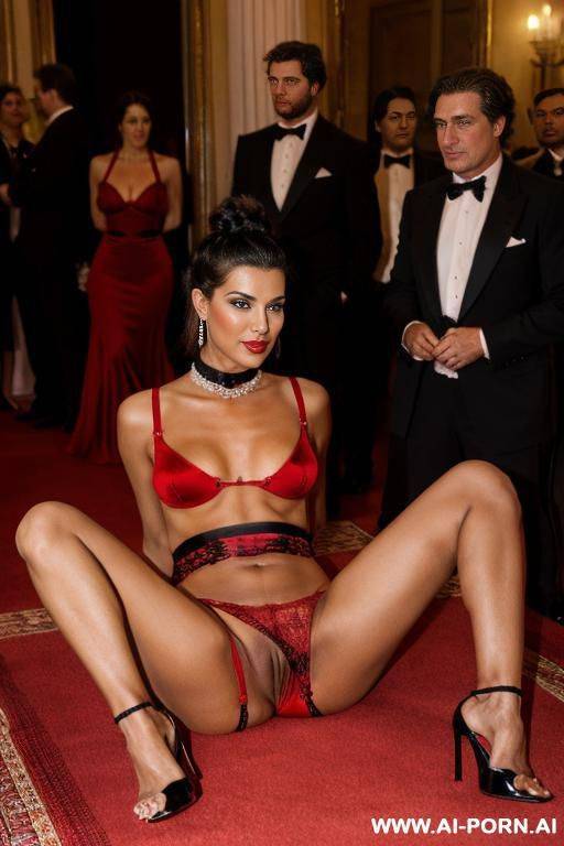 woman and two men. many people in the background in the middle of a beautiful opera with carpets, many spectators, many red. woman: black short curls, beautiful, with italian beauty, naked - #main