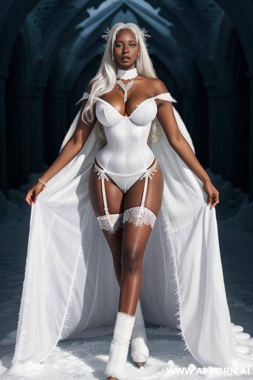 ((topless)), (pretty face), ((detailed face)), (wide hips), (thick thighs), (inviting eyes), (long silky hair), (white necklace), (((snowqueen inside ice castle))), (white cloak), (((godess of winter))), - #main