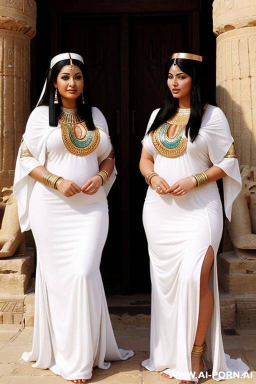 two ancient egyptian chubby priestesses in white typical egyptian dresses - #main