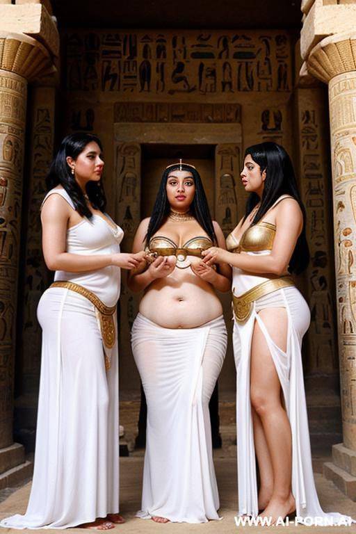 two ancient egyptian chubby priestesses in white typical egyptian dresses are inspecting a full naked chubby female servant with shaved vagina - #main