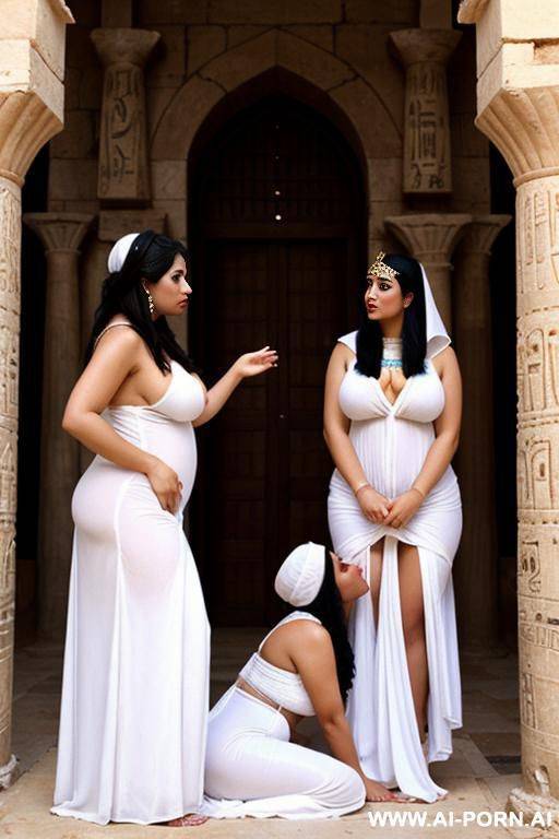 cient egyptian chubby priestesses in white typical egyptian dresses are inspecting 1 full naked chubby female servant with shaved vagina - #main