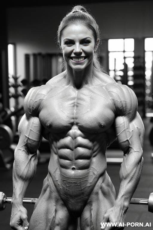 ((most muscular color photo of a nude beautiful short white strong buff sinewy steroid bodybuilder ifbb woman)), ((((big bright eyes)))), ponytail, (stronger massive shoulders), ((extremely thick sinewy - #main