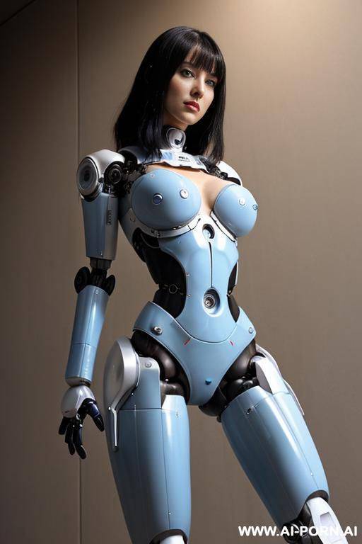 beautiful realistic (( taur-women fully robotic body standing four legs)), detaleid face, skin in latex white and skyblue color, covered to latex, to boots, to beautiful robotic hand hd image quality, ((no background)). - #main
