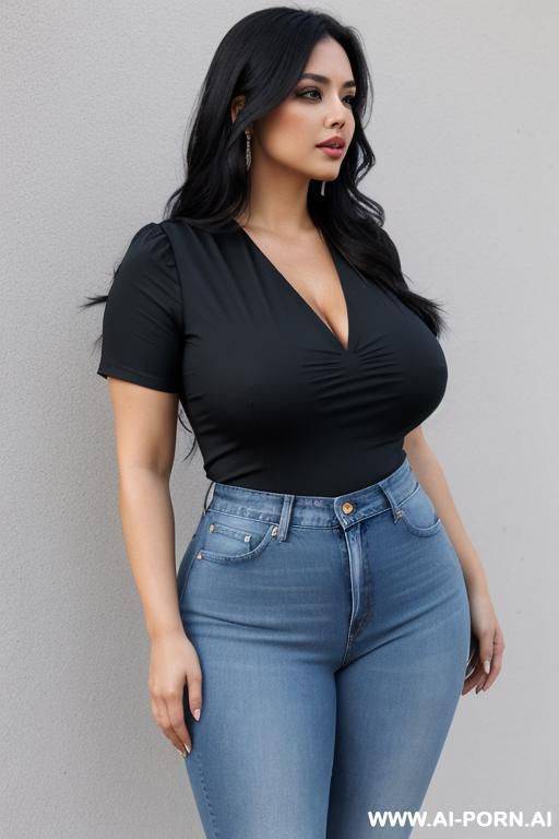 full body woman, standing, long hair, triangular hips, thick thighs, broad shoulders, wearing blue short sleeve blouse with square neckline, jeans, beauty salon - #main