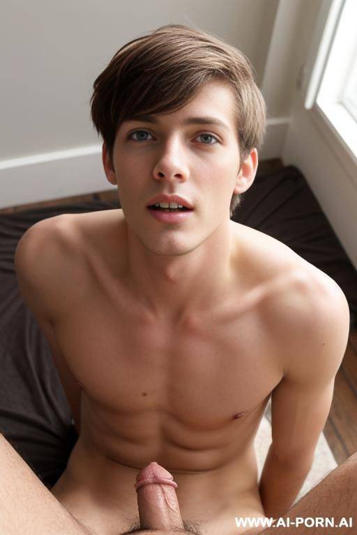 a twink guy, on his knees, naked, looking and horny, looking up to the camera - #main