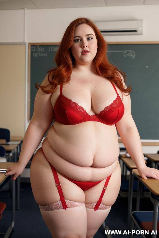 half body photo shot, about at classroom, so chubby and ((very obese)) bbw curvy teacher, wearing a sexy and hot micro red ruffle microskirt and elegant micro garter belt top, speaking to the classroom. - #main