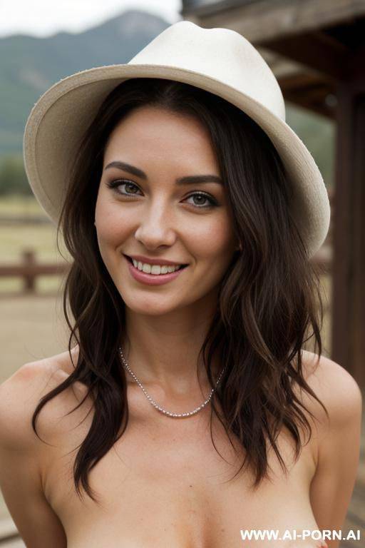 ((topless)), pretty face, firm breasts, inviting eyes, necklace, wide hips, thick thighs, light tan, detailed face, soft seductive smile, perfect nipples, (rodeo hat), (scenic patio), (at a ranch), (overcast day), (even lighting), (hairy pussy) - #main