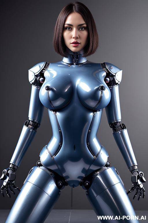 beautiful realistic (( taur-women fully robotic body standing four legs)), detaleid face, skin in latex silver plated and skyblue color, covered to latex, to big penis between the legs , to - #main