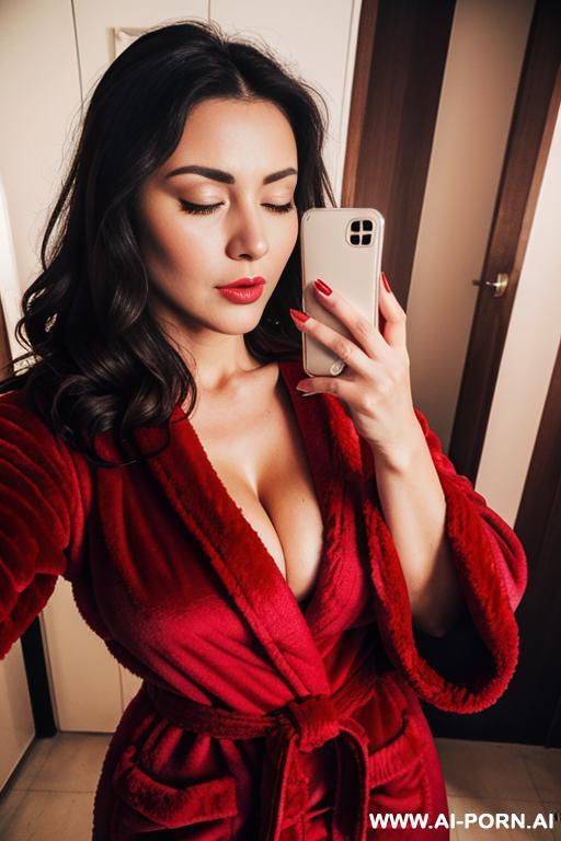 wearing a red fluffy bathrobe, pushing tits together, brunette, 2, b cup tits, selfie camera, pouting, eyes closed, semen on face - #main