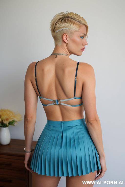 {{{mohawk brush hair cut }}}, {{{legs spread}}}, {{{keep same haircut}}}, {{electric blue eyes}}, {{{pleated skirt}}} - #main